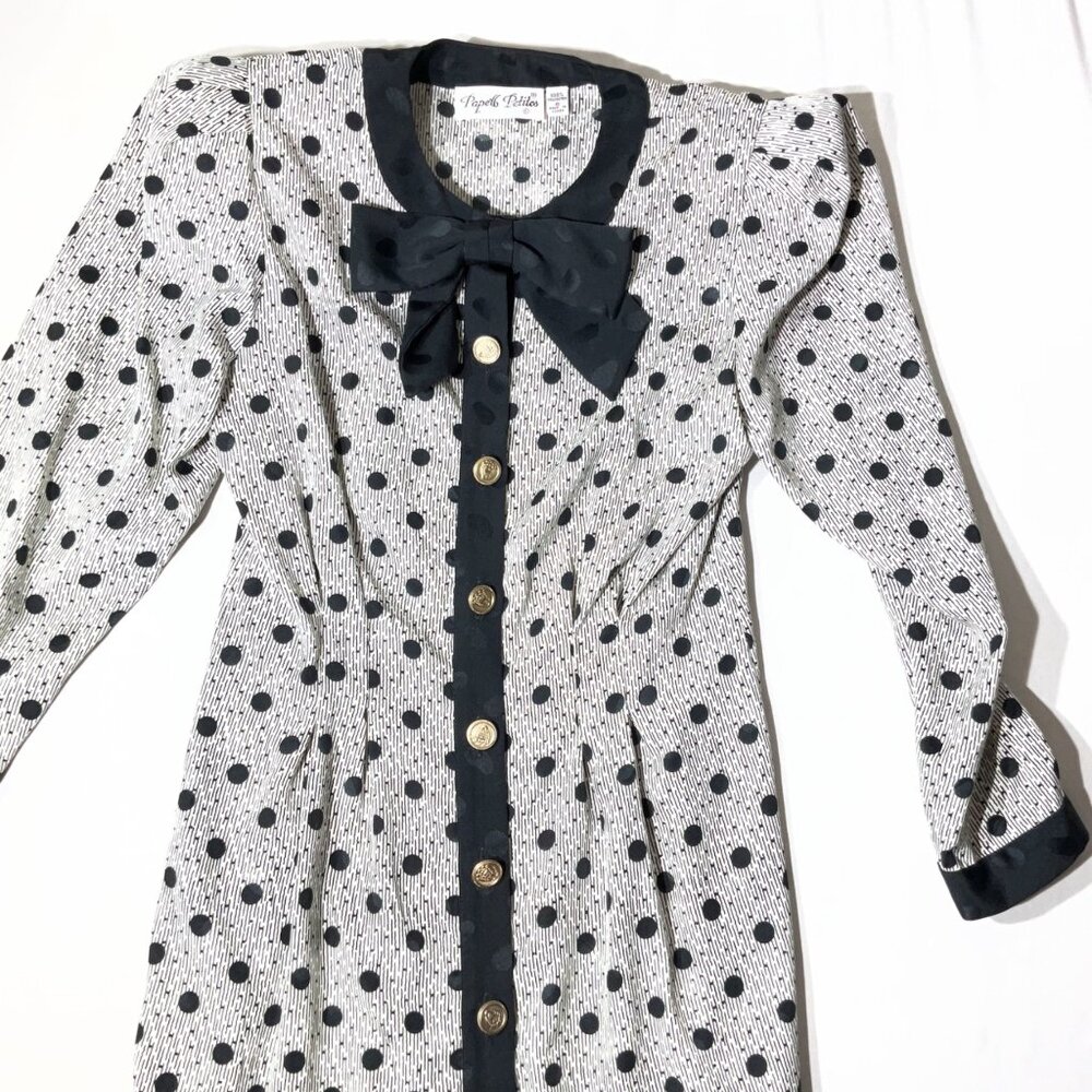 Vintage-Inspired Black & White Polka Dot Midi Dress With Gold Buttons & Bow Deta - Picture 11 of 15